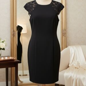 Vince Camuto Elegant Black Mini Dress with Lace Sleeves
